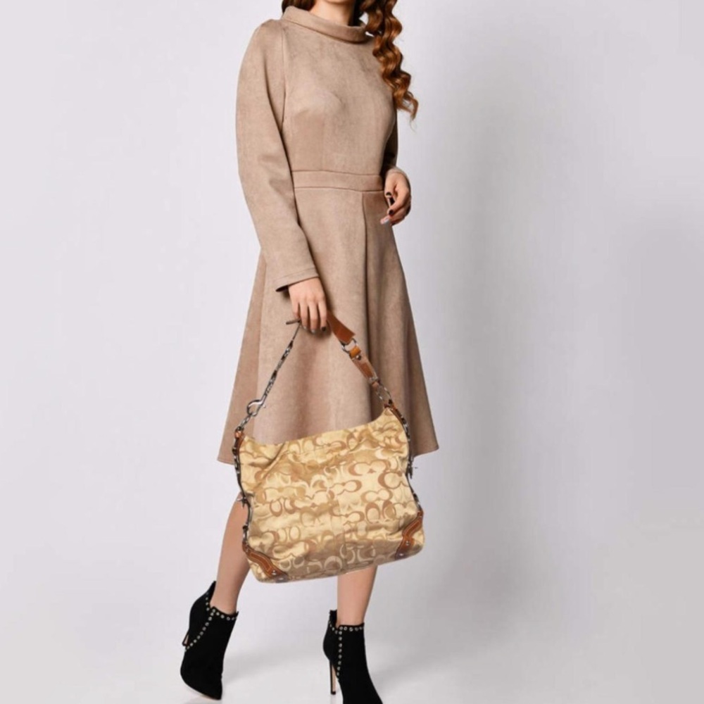 COACH Pearl White + Beige Canvas and Leather Carly Hobo Bag No H09873-F13981